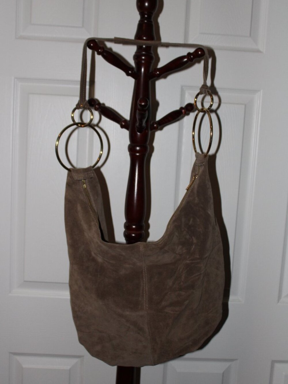Marlon Firenze Italian Suede Slouchy Hobo Bag with Gold Ring Accents